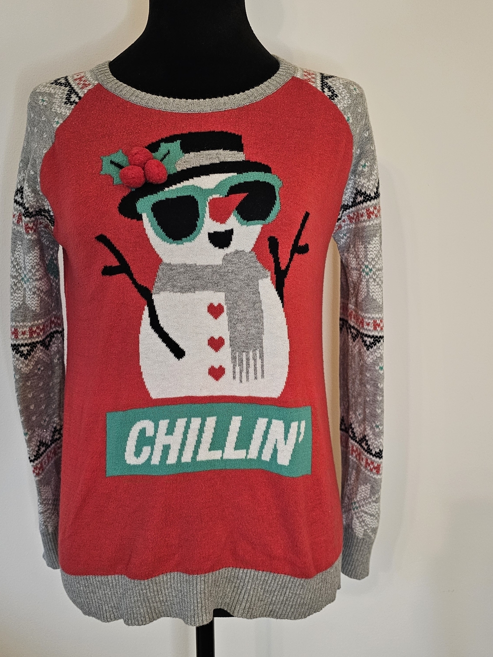 Girls "Chillin'' Snowman Crewneck Sweater with Gray Patterned Sleeves